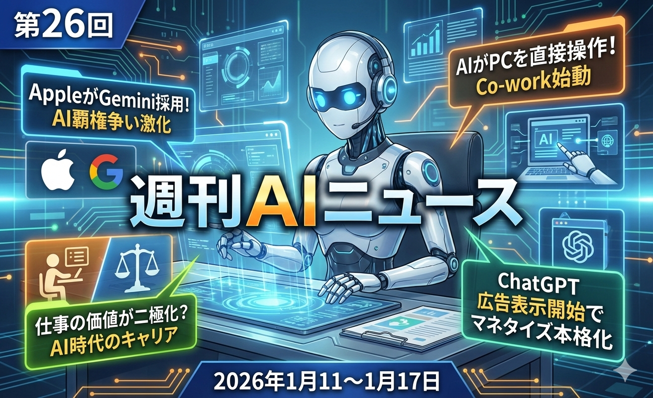 週刊AIニュースのカバー画像で、ロボットのキャラクターが中央に描かれ、周囲にAIに関する見出しとアイコンが配置されているデジタルデザイン。