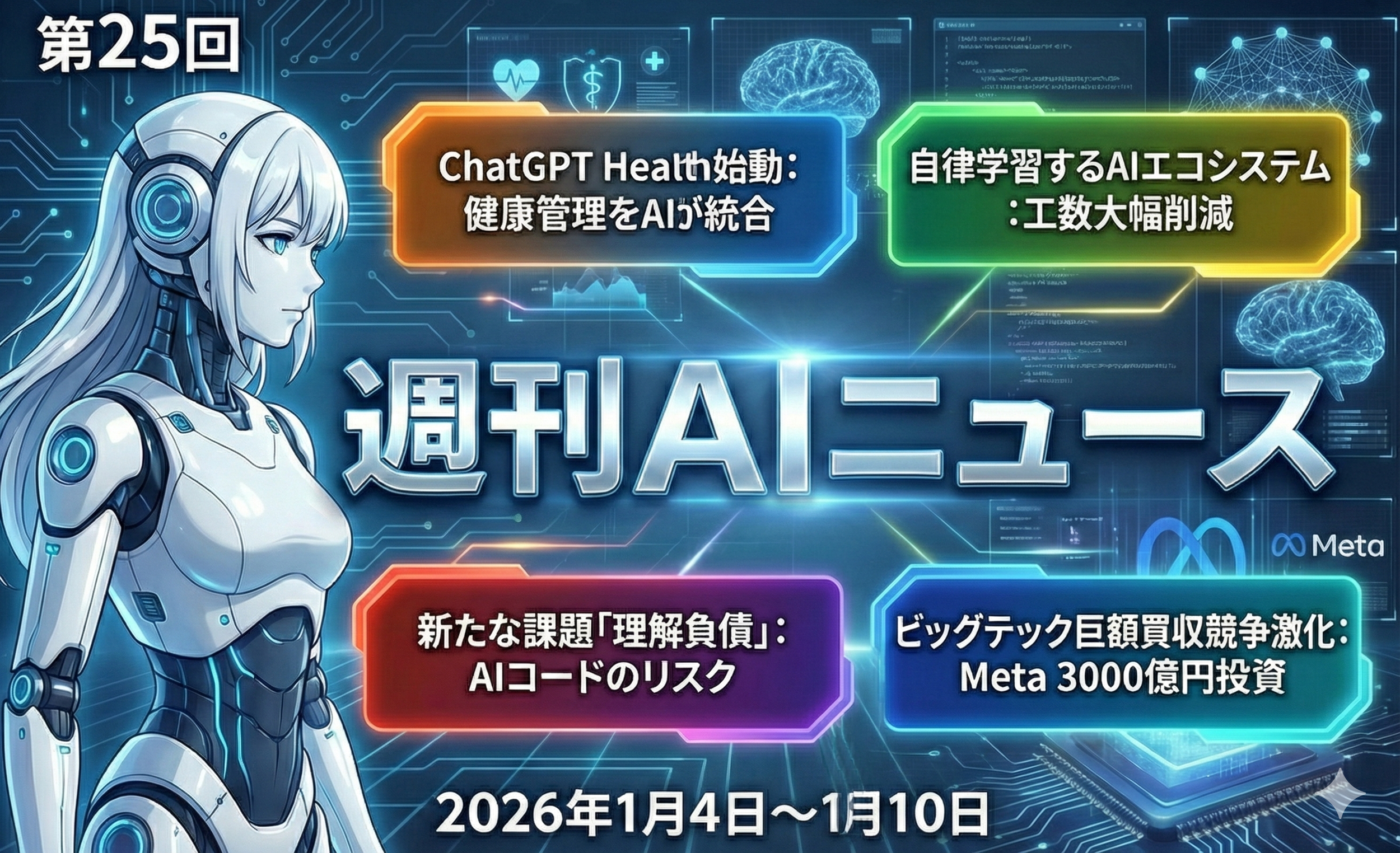 未来的科技风格的海报，显示一位机器人女性，背景有数字、脑图和技术元素，标题为《週刊AIニュース》，内容涉及AI健康管理、AI学习生态系统革新、AI代码风险、Meta巨额投资，以及举行时间为2026年1月4日至1月10日