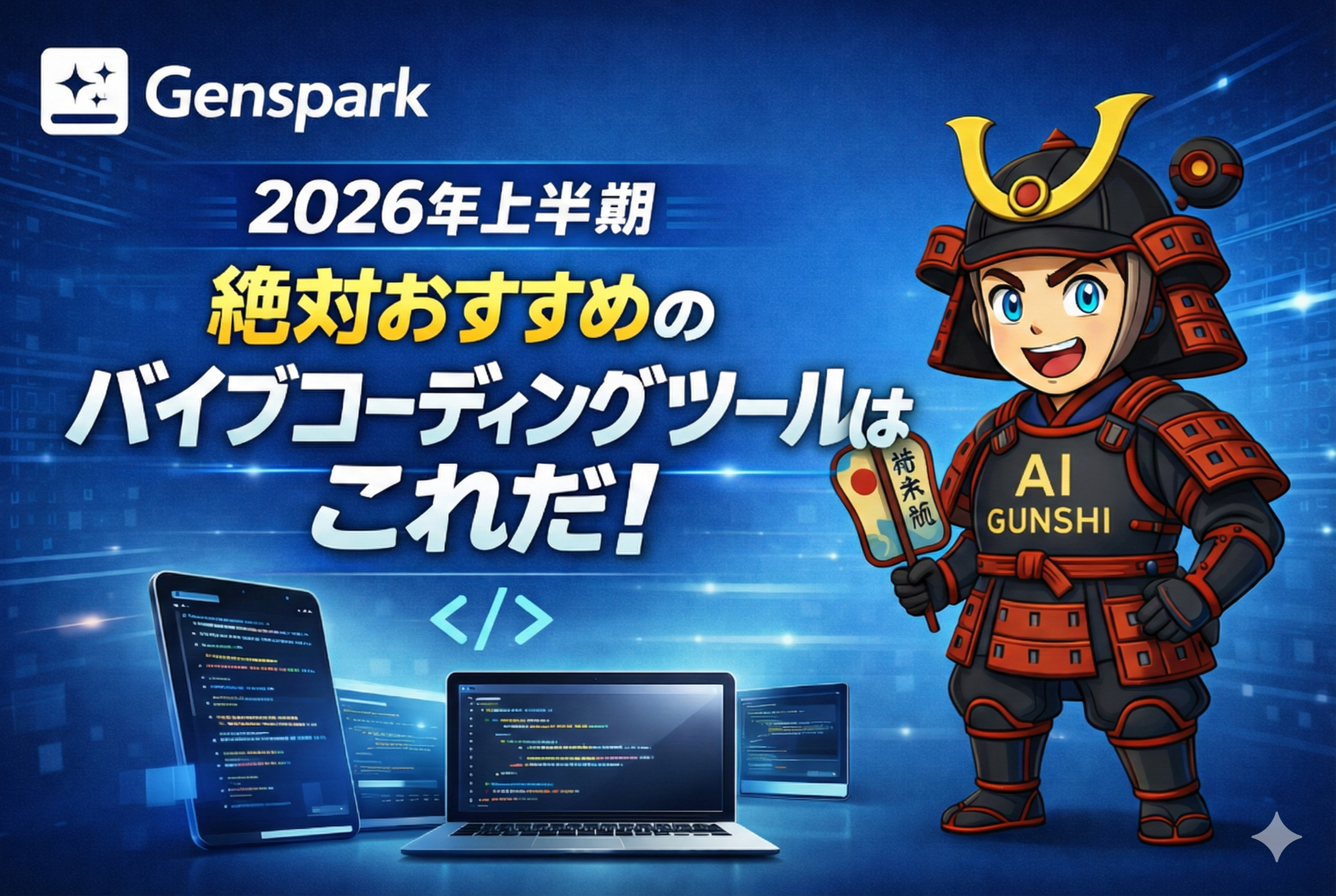 サムライのキャラクターがAI GUNSHIと書かれた鎧を着ていて、旗を持っている。背景にはスマートフォンとノートパソコンが表示されており、デジタルの未来的なデザインになっている。