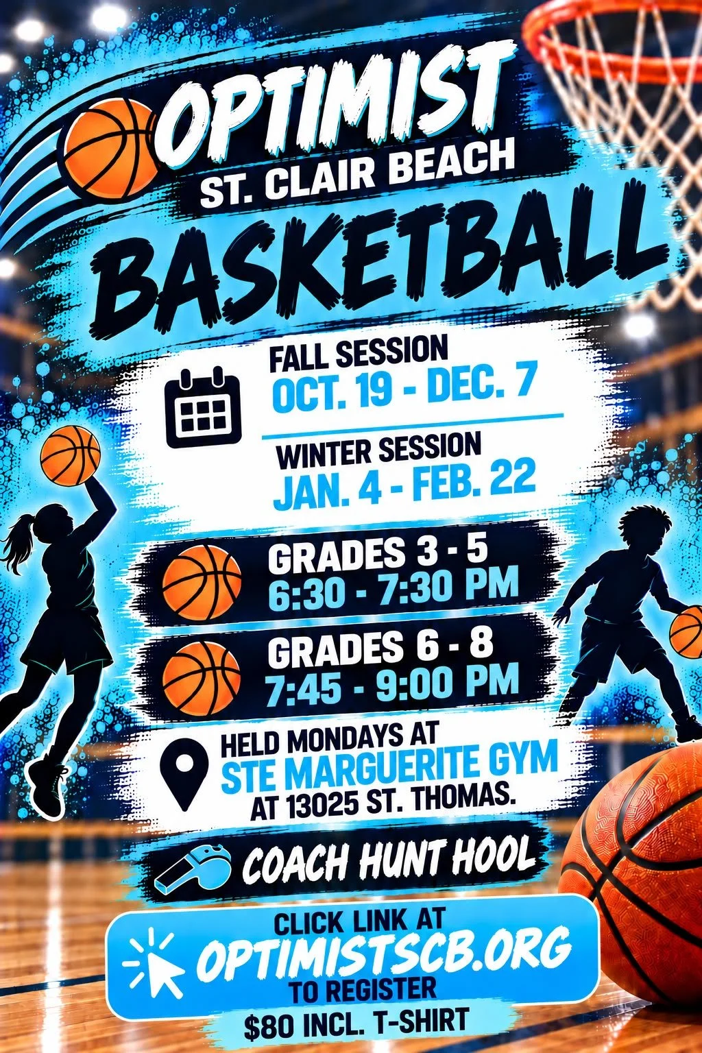 romotional poster for Optimist St. Clair Beach Basketball, featuring a bold blue, black, and white design with basketball graphics and silhou