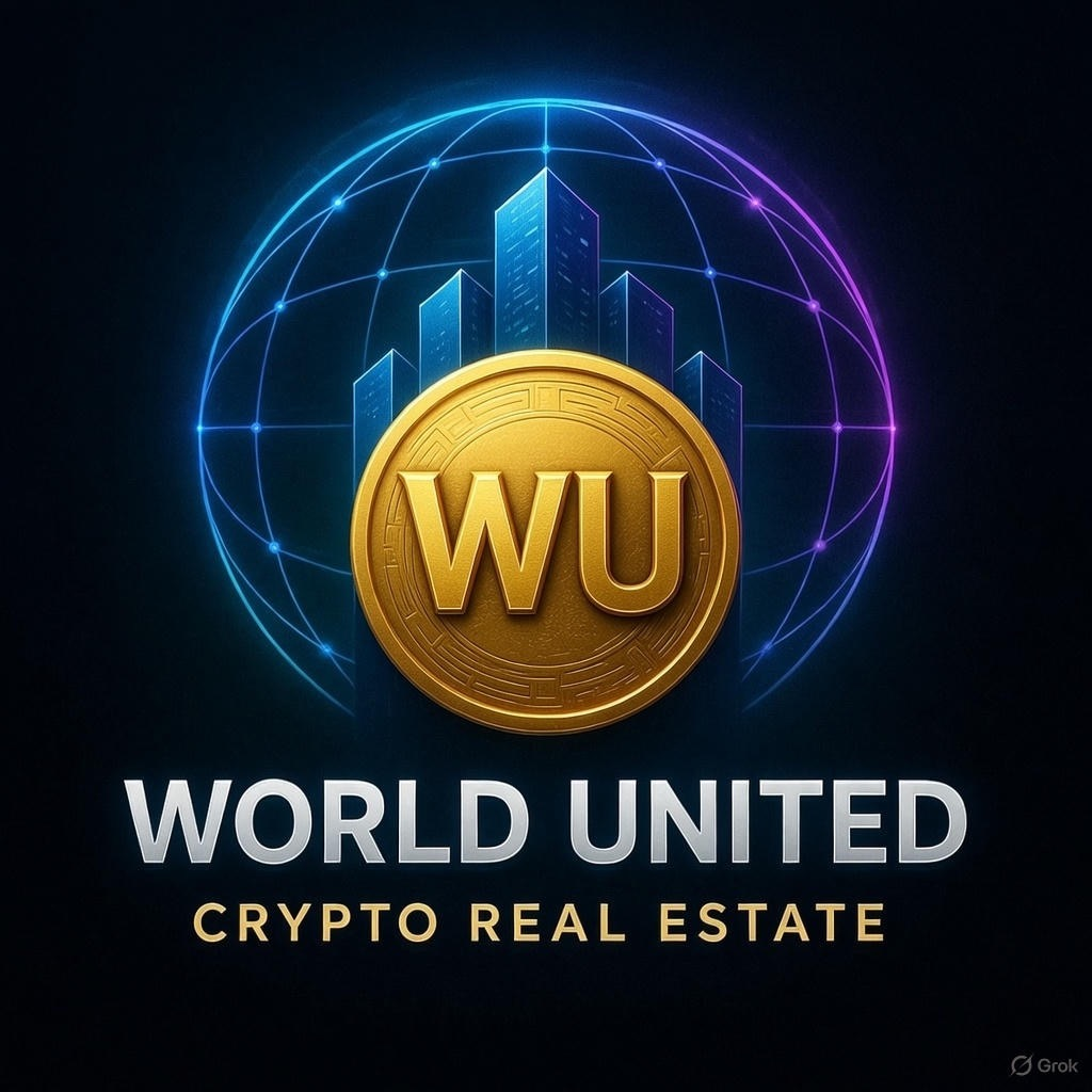 A digital graphic featuring a gold coin with 'WU' in the center, overlaid on a stylized city skyline and digital globe with network lines, representing cryptocurrency real estate, with the text 'WORLD UNITED CRYPTO REAL ESTATE' beneath.