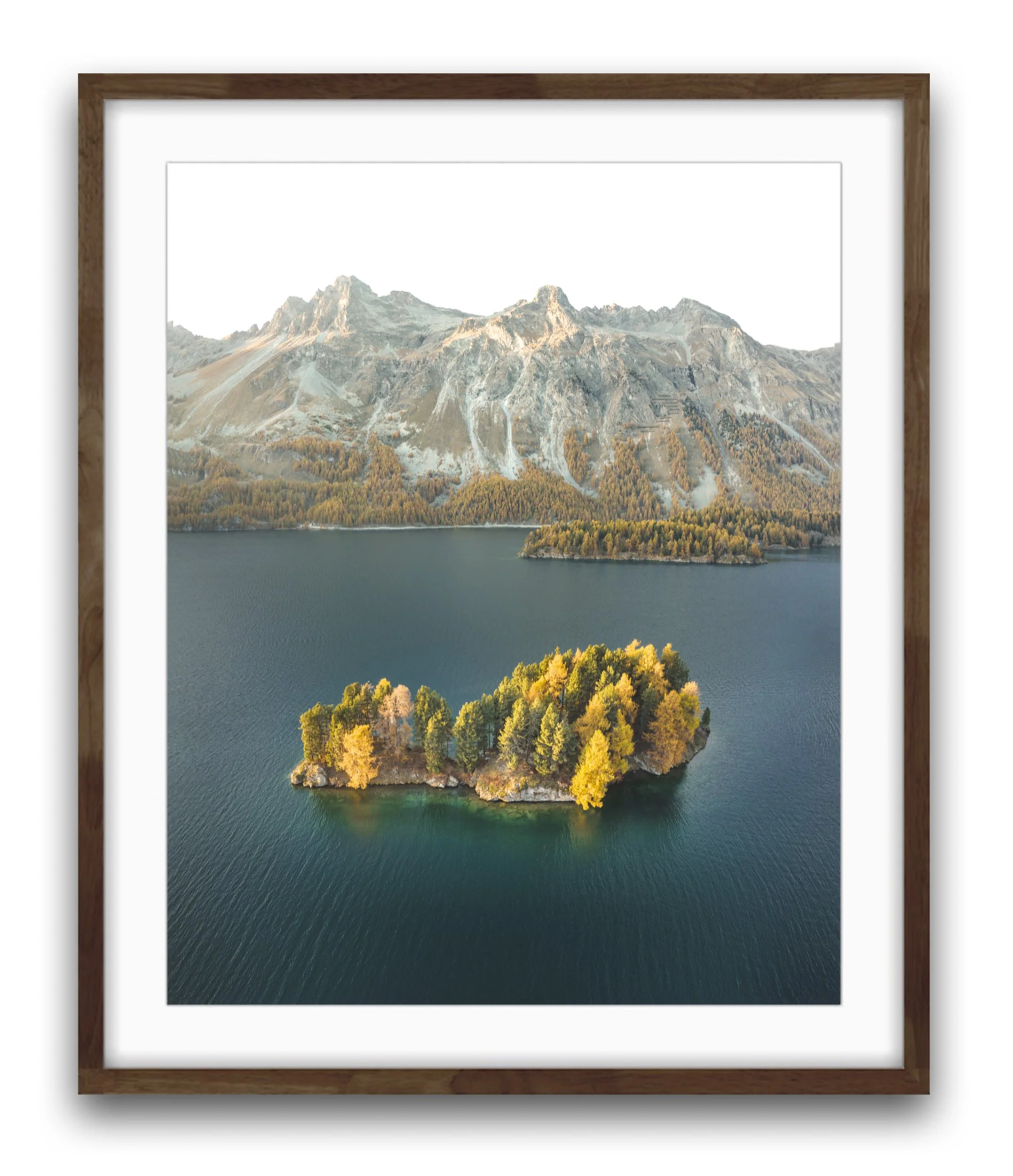 Fotografie von der Insel Chaviolas in Sils im Engadin. Landschaft mit Gebirge, See und Herbstbäumen auf einer kleinen Insel.