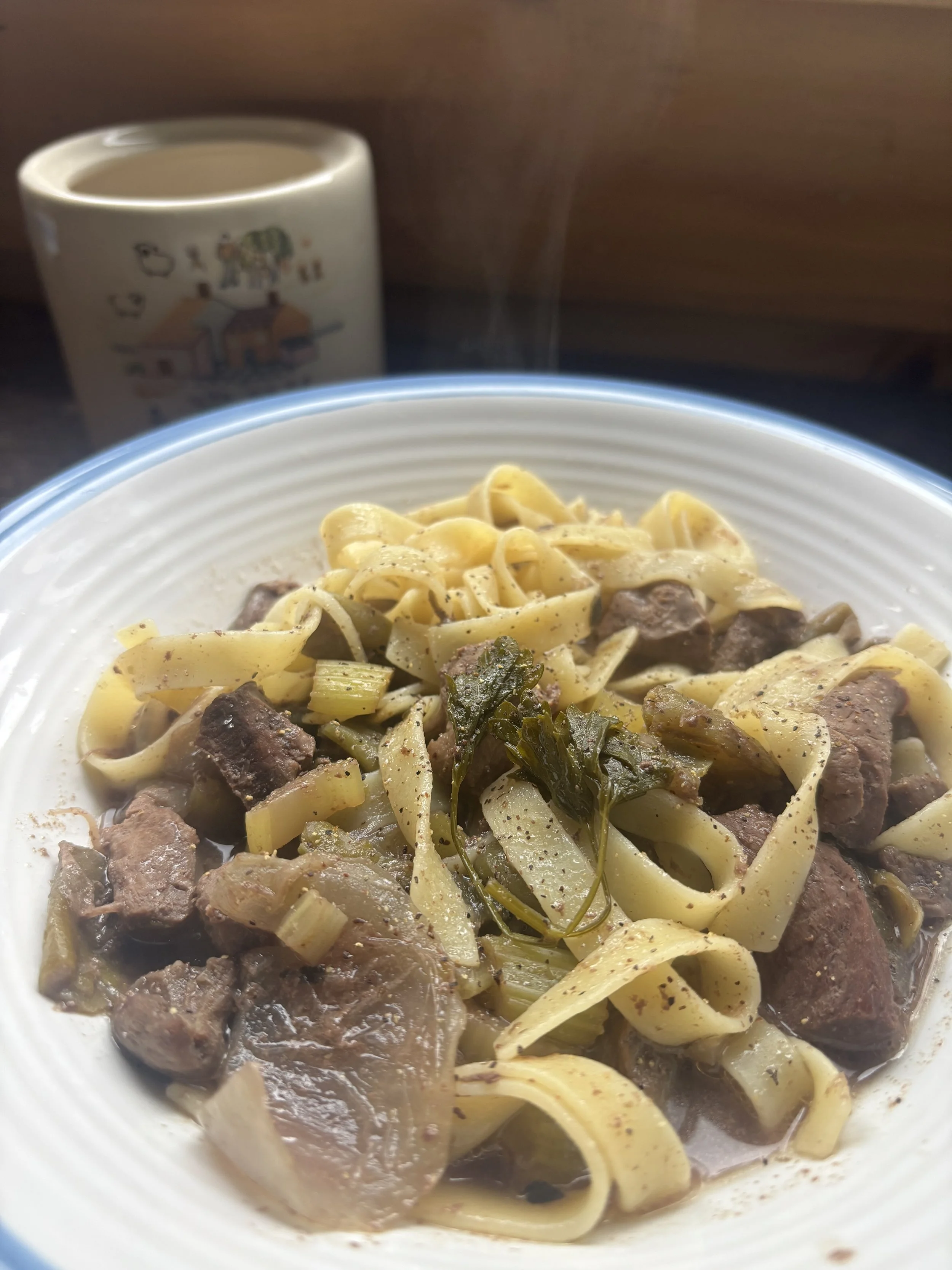 Slow Cooked Beef Heart & Noodle Stew