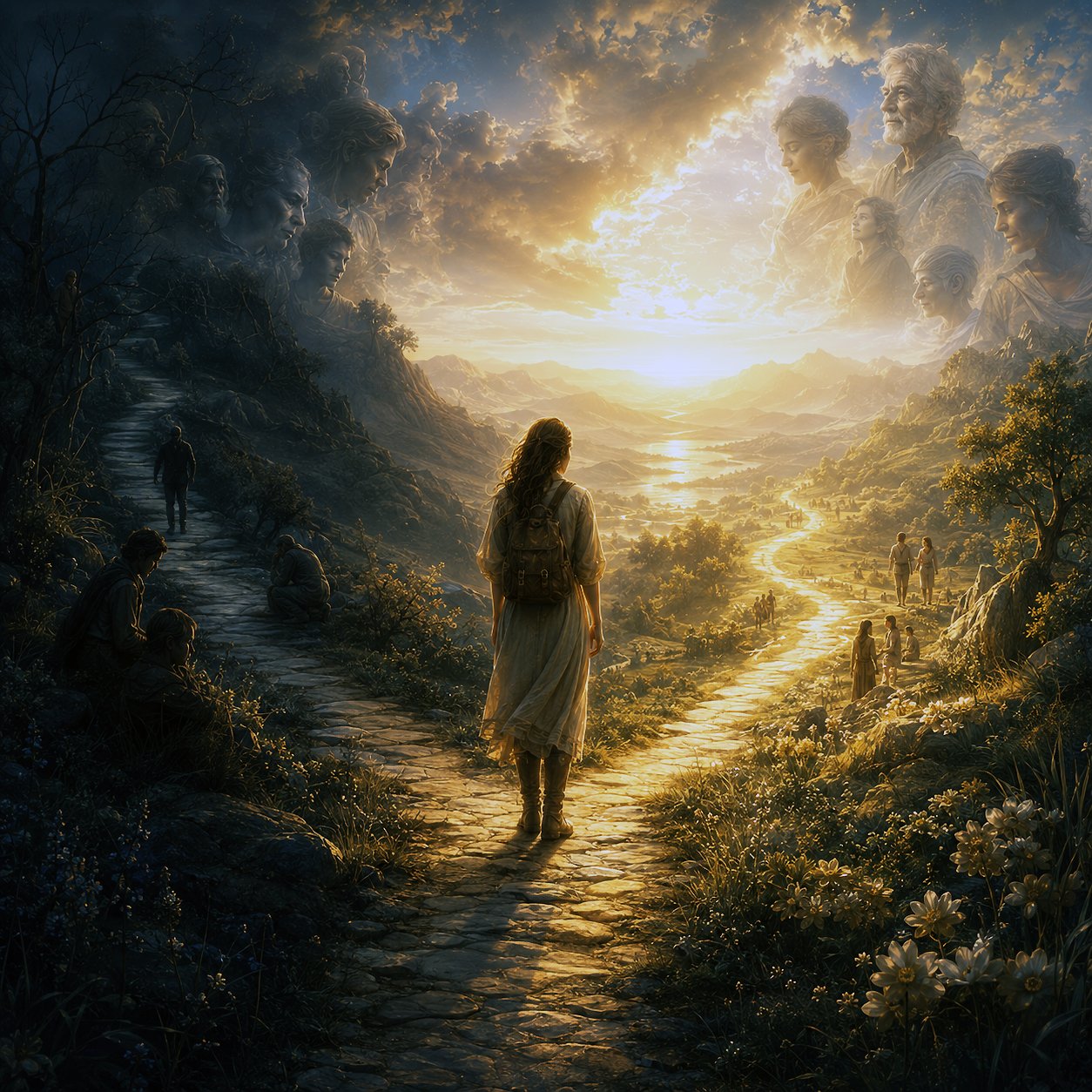 A spectral figure, a meditating monk bathed in cosmic light, and a swirling black hole symbolize the supernatural, spiritual, and interstellar realms.