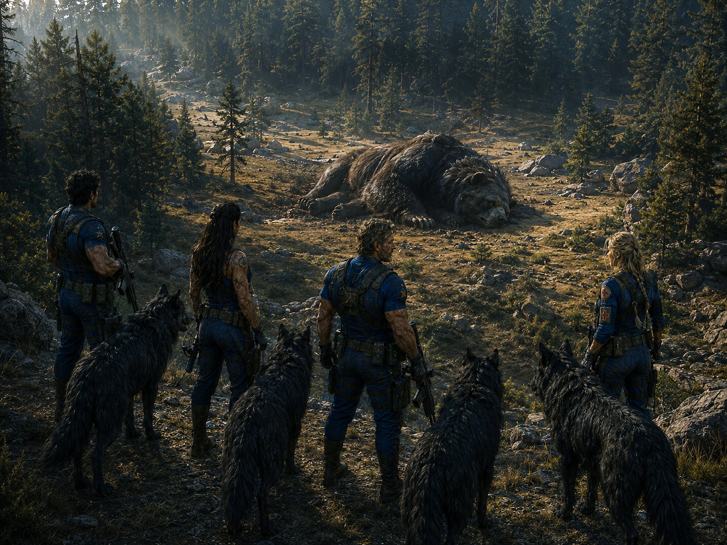 Four survivors and their Canilupions stand in the Aletheian Basin before the body of a massive post-Fall grizzly, studying the scene for clues about what killed it.