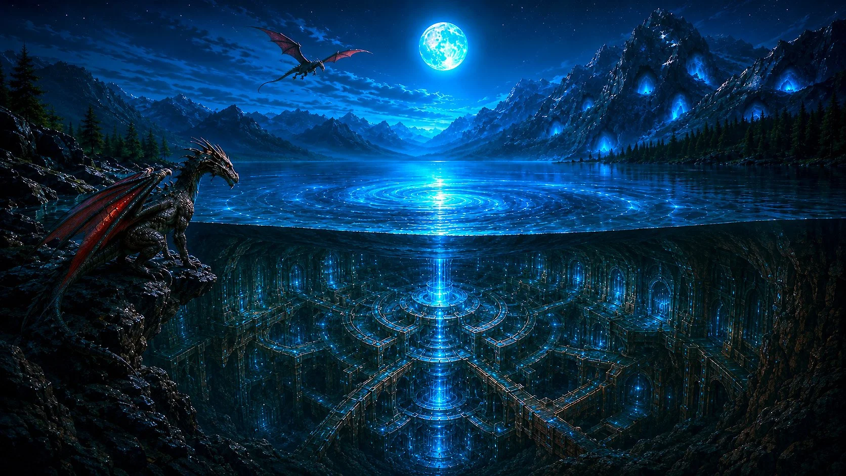 Moonlit Veilspine Lake with spiraling blue light on the surface and a cutaway view beneath the water revealing an ancient containment chamber for The Other.
