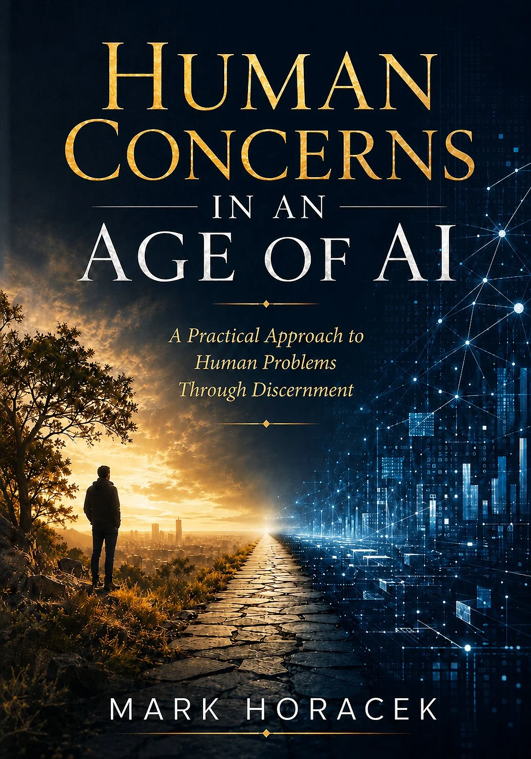Front cover concept for Human Concerns in an Age of AI by Mark Horacek, showing a stone path between a warm human landscape and a cool digital AI network, symbolizing discernment, human meaning, and the search for a wise way forward.