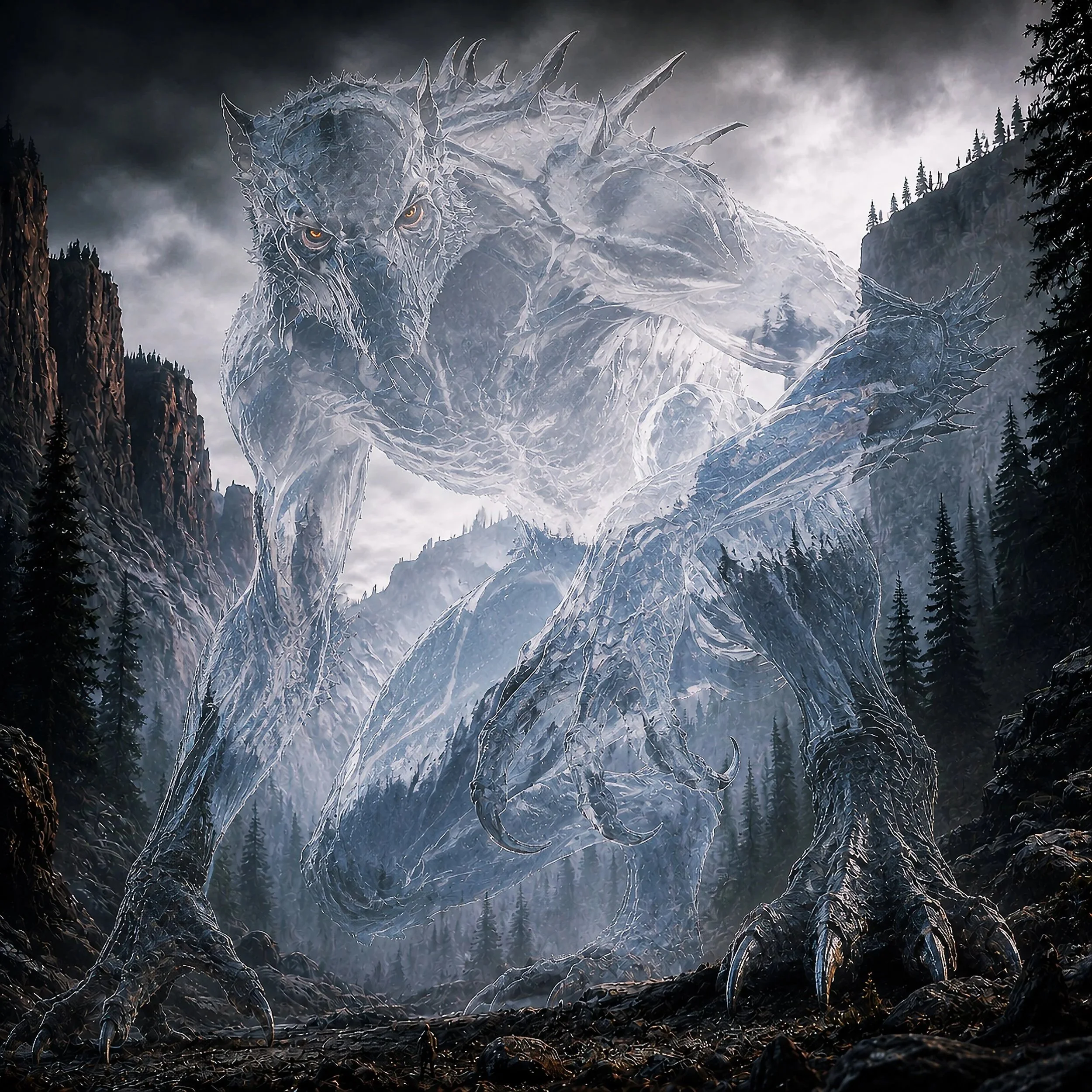 A massive translucent Shadowstalker crouches in a mist-filled mountain valley, its spined body, amber eyes, and long claws suggesting intelligence, power, and near-invisible predatory presence.