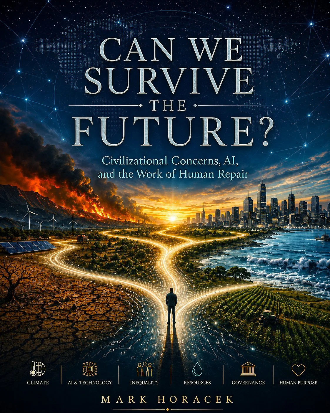 Promotional poster for Can We Survive the Future? showing a lone figure at a glowing crossroads between drought, fire, farmland, ocean, city, and AI network lines, symbolizing converging civilizational risks and the work of human repair.