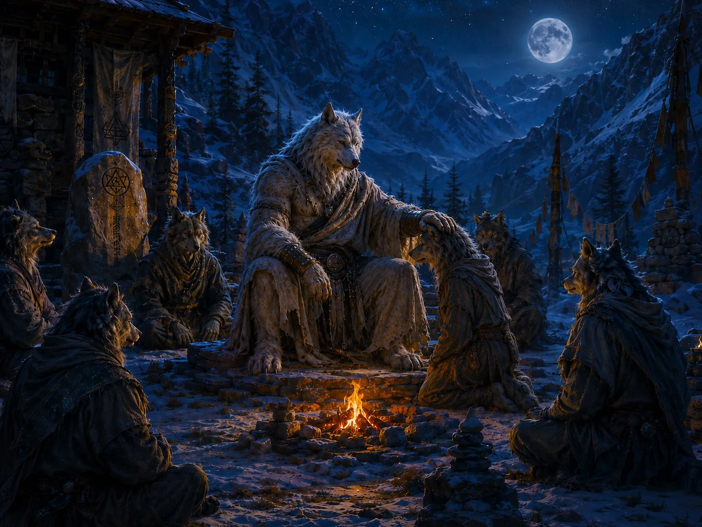 A young werewolf kneels beside a campfire in a moonlit mountain camp while a large white elder werewolf places a hand on his head in a ceremonial or teaching moment, surrounded by other werewolves in the snowy northern high country.
