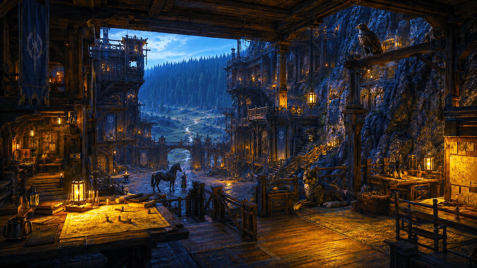 Interior view of Fort Aletheia built into stone, looking outward toward the Aletheian Basin and the distant Dark Forest, with warm lamplight, study tables, a black Horse Titan with handler, a resting Canilupion, and a Veilfalcon sentinel above.