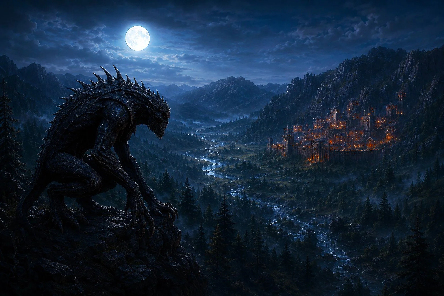 The Shadowstalker crouches on Shadowstalker Ledge beneath a full moon, watching southeast across the Aletheian Basin toward the distant lights of Fort Aletheia.