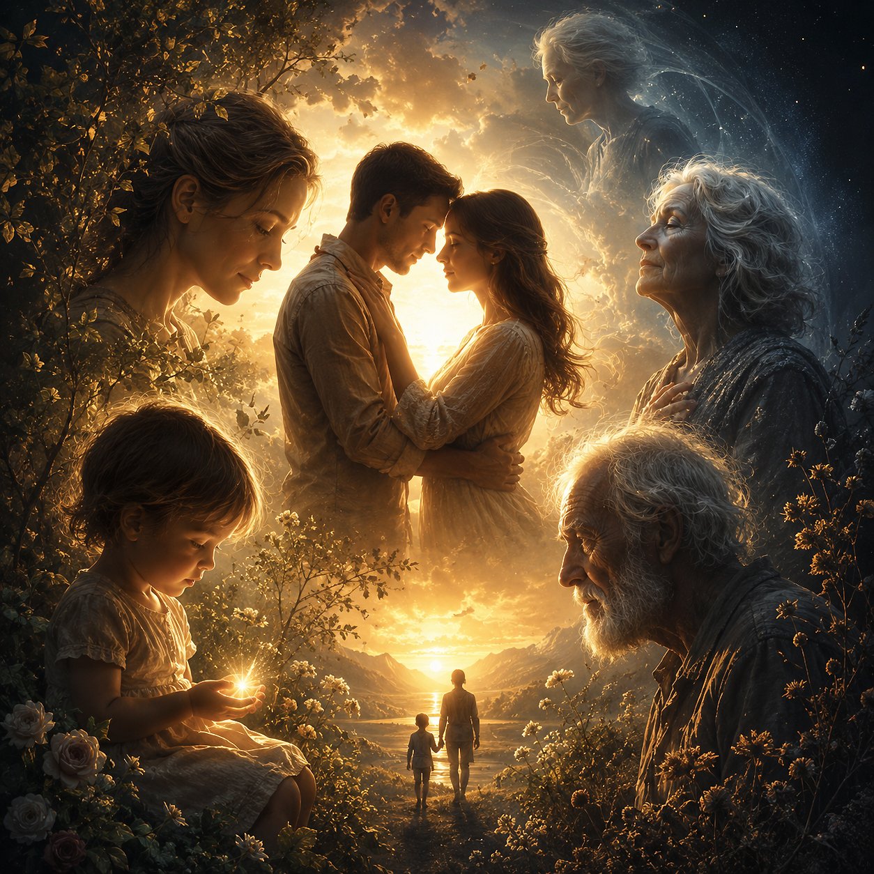 A symbolic image of Love, Life, and Death, featuring a couple holding hands, children playing, and an elderly figure observing, representing the cycle of existence.