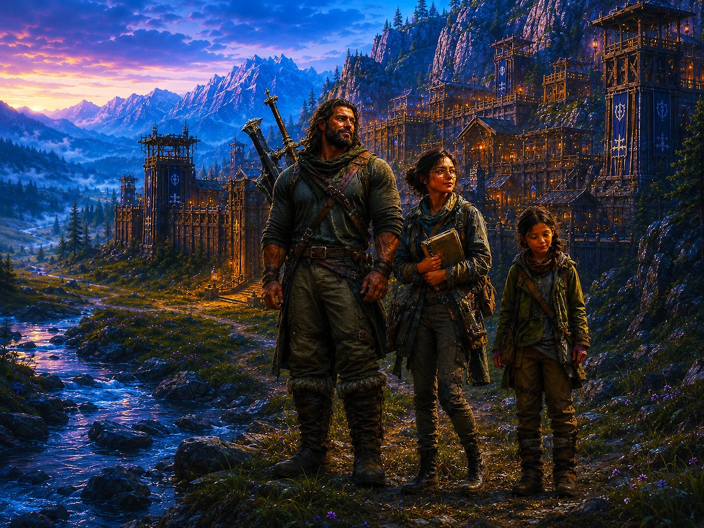 Rian, Lyra, and Seraphina stand together in the Aletheian Basin with mountains and Fort Aletheia in the distance, representing protective strength, careful intelligence, and quiet compassion in Veilspine Awakens.
