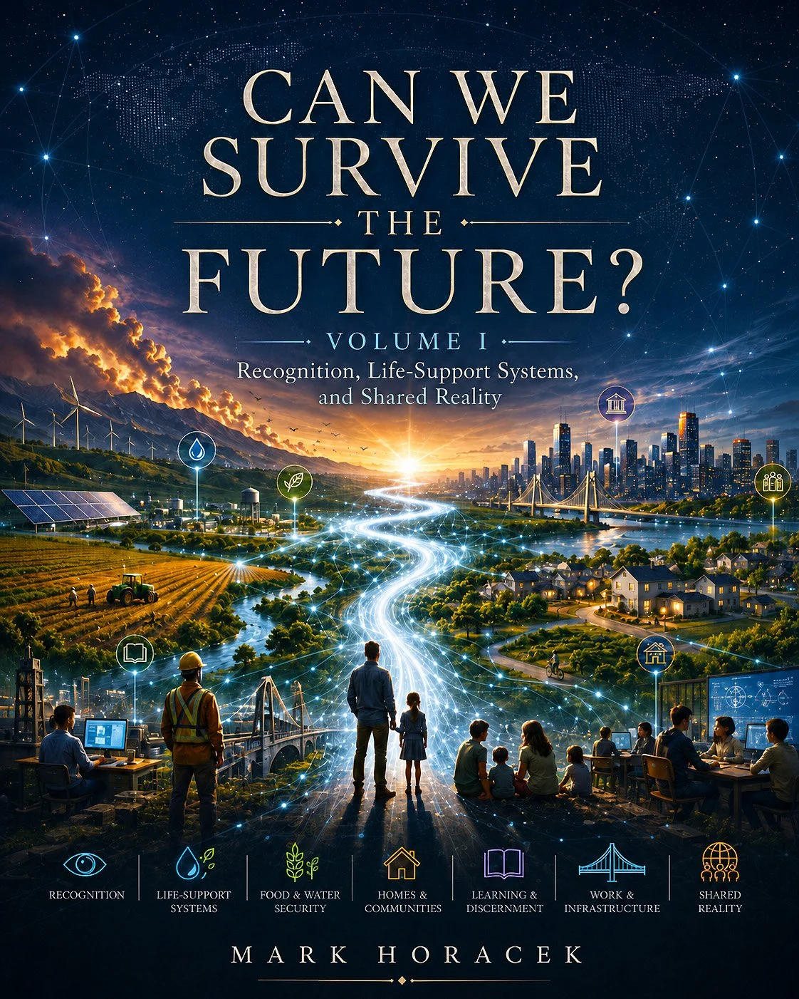 Promotional poster for Can We Survive the Future? Volume I showing families, workers, farms, water systems, homes, schools, infrastructure, and shared-reality networks connected by a luminous pathway toward recognition and repair.