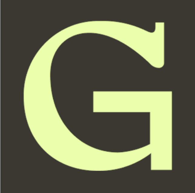 A large, light green letter G over a dark background.