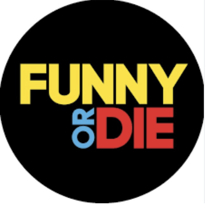Logo for "Funny or Die" with yellow, blue, and red text on a black circular background.