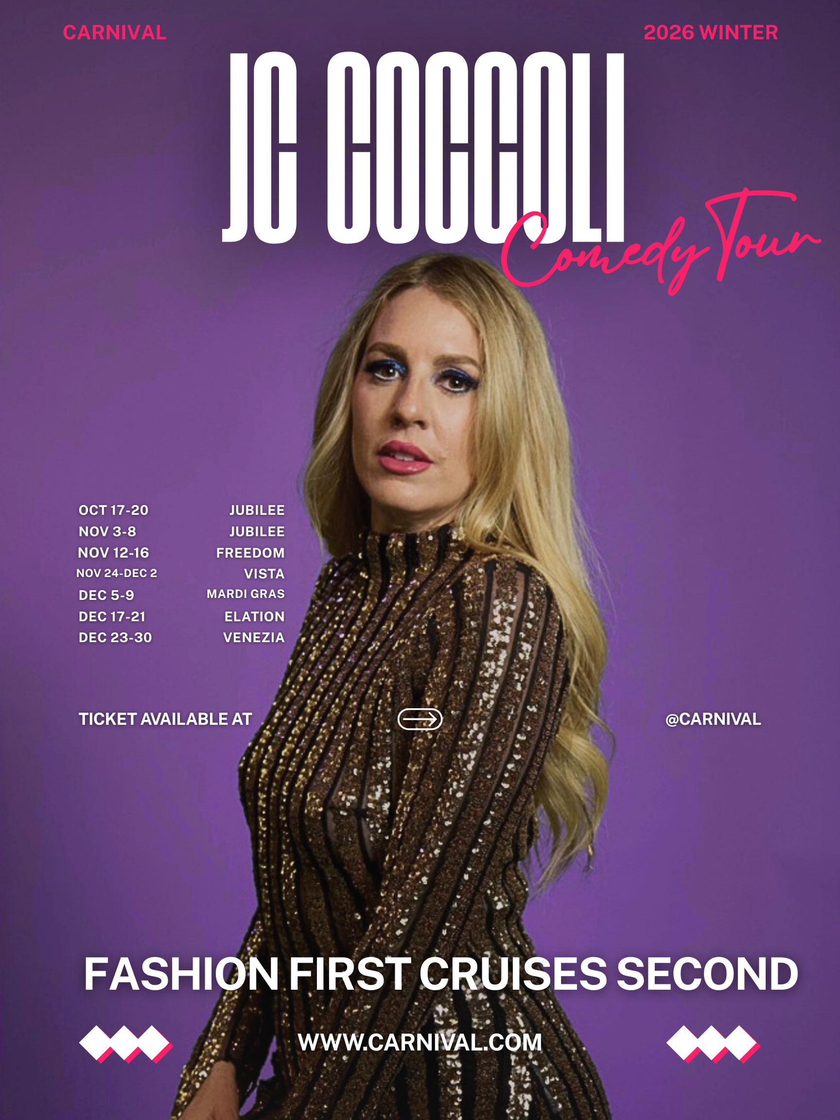 Promotional poster featuring JC Coccodli for a comedy tour, with dates, locations, and a website, against a purple background and an image of a woman with long blonde hair in a shiny, striped dress.