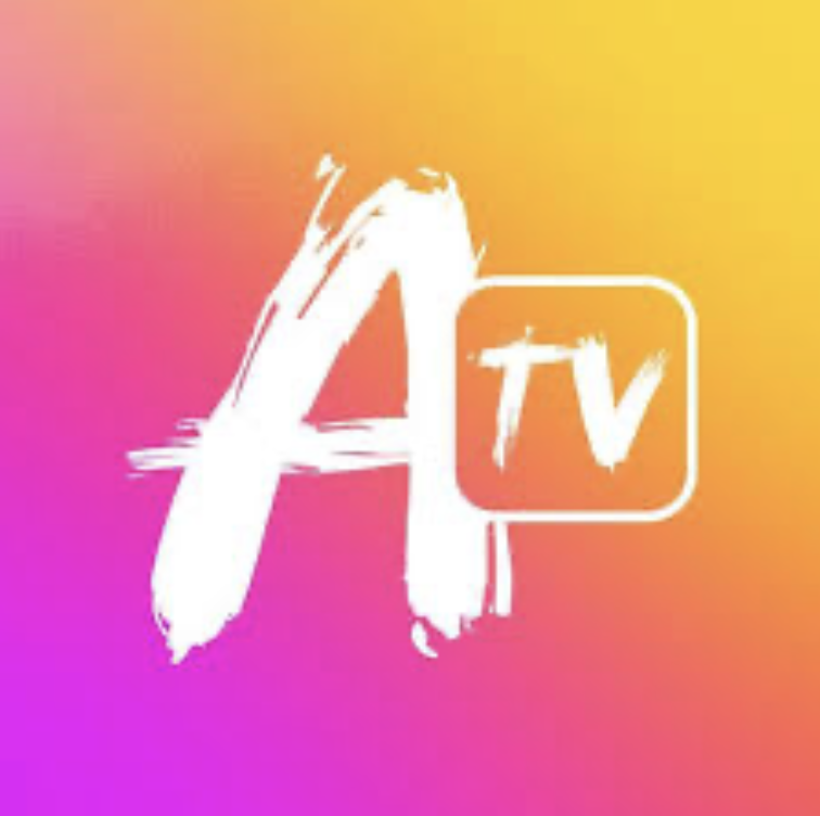 Colorful background with a large white brushstroke letter A and a smaller outlined TV with 'tv' inside.