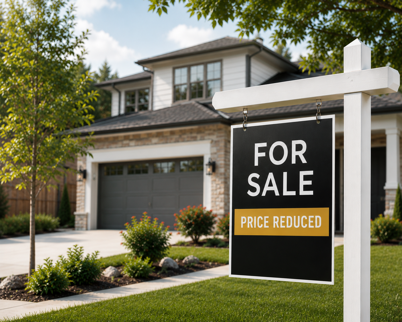 For Sale sign with Price Reduced banner in front of a home