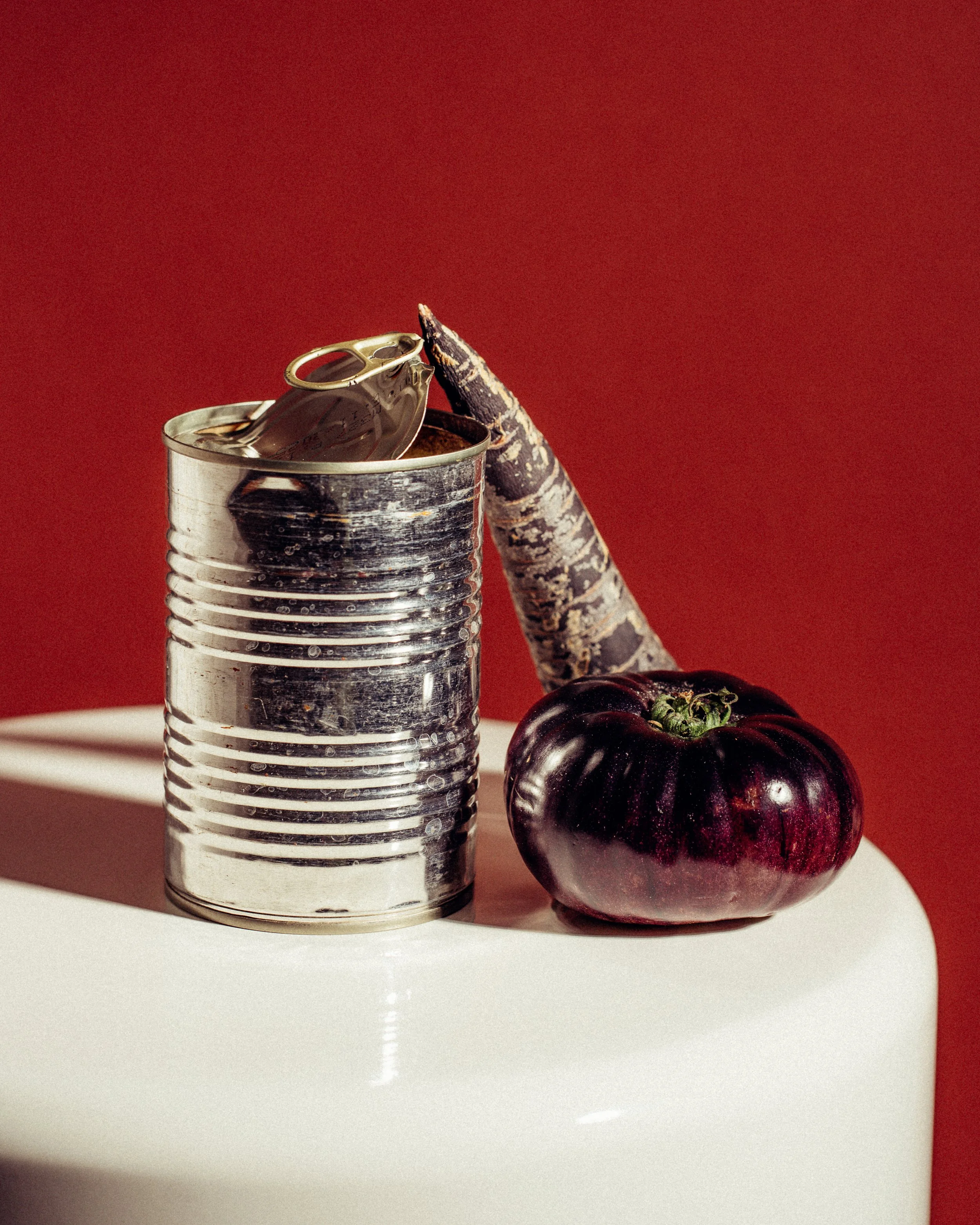 A tin can with a rusty bottle opener inside, a striped cactus, and a purplish heirloom tomato on a white surface with a red background.