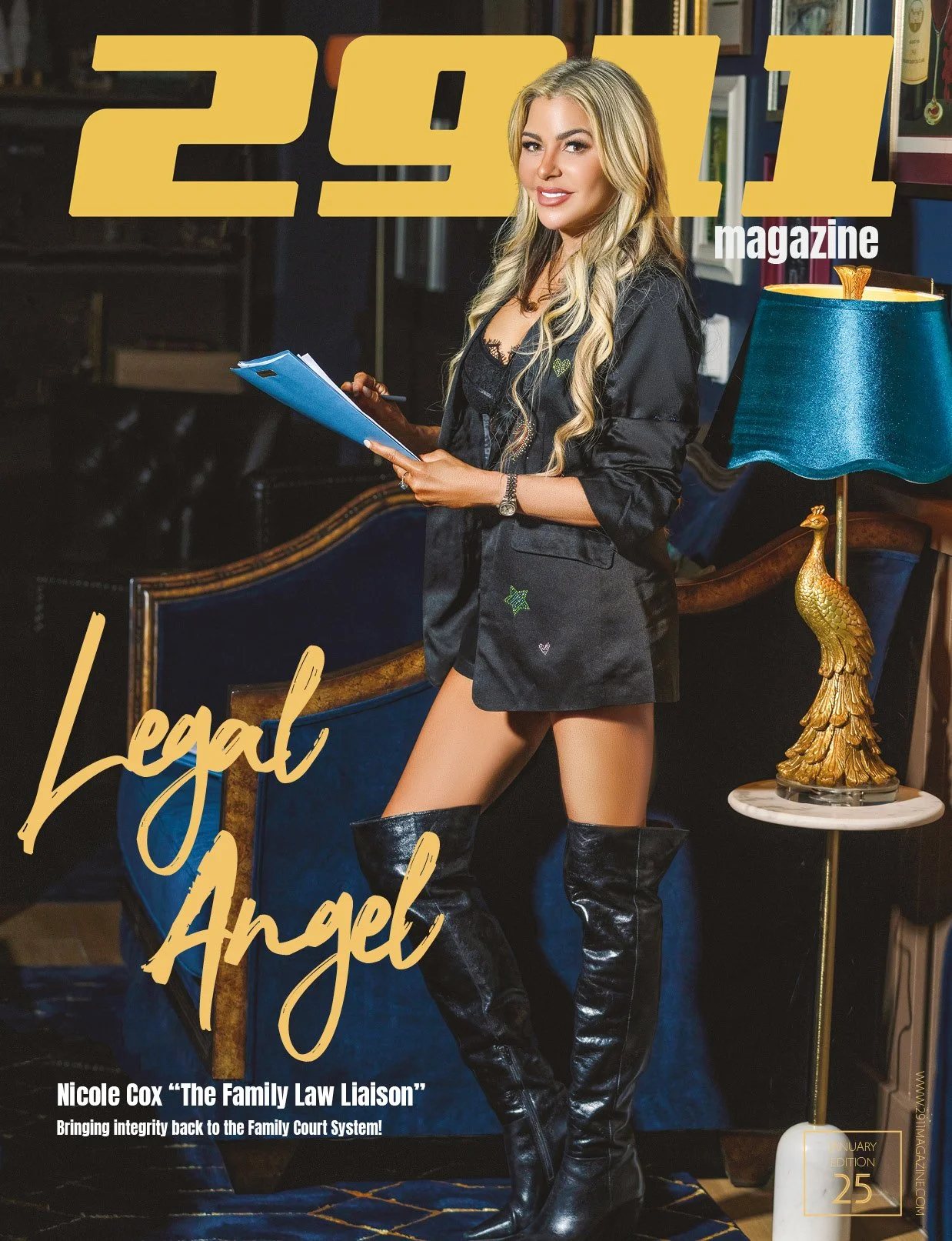Cover of 2911 magazine featuring a woman in a black outfit and high boots, titled 'Legal Angel.' The text mentions 'Nicole Cox "The Family Law Liaison"' and highlights bringing integrity to the family court system.