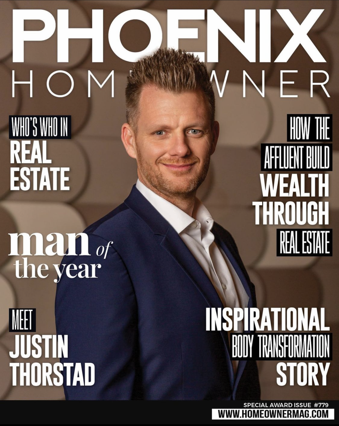 Magazine cover of "Phoenix Homeowner" featuring a man in a suit, with headlines about real estate, wealth building, and an inspirational story. The issue is labeled "Special Award Issue #779."