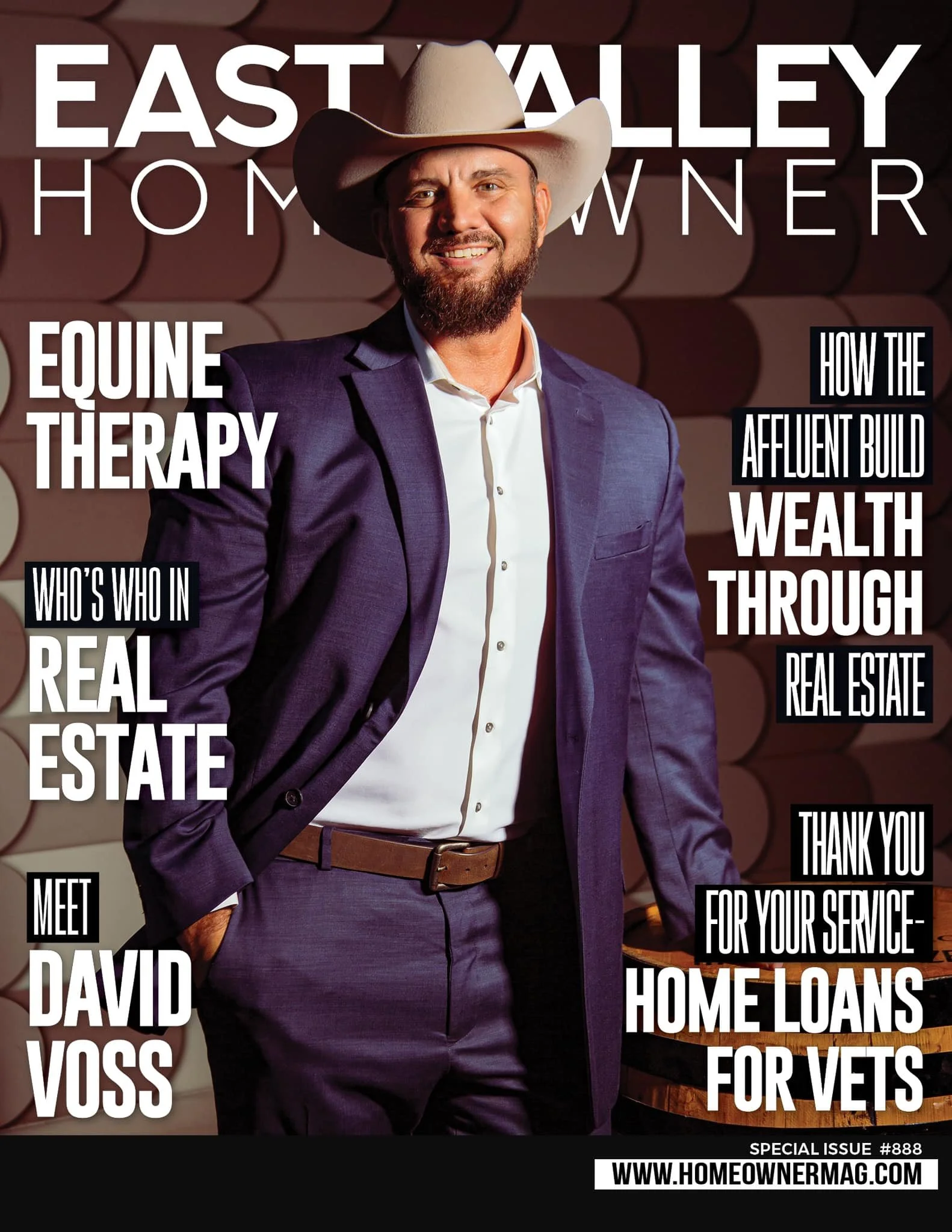 Magazine cover titled "East Valley Homeowner" featuring a man in a cowboy hat and suit, with headlines about equine therapy, real estate, and home loans for veterans.