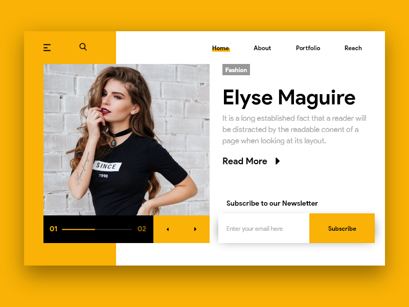 Webpage design featuring a fashion article with image of a woman, navigation menu, and newsletter subscription section, against a yellow background.