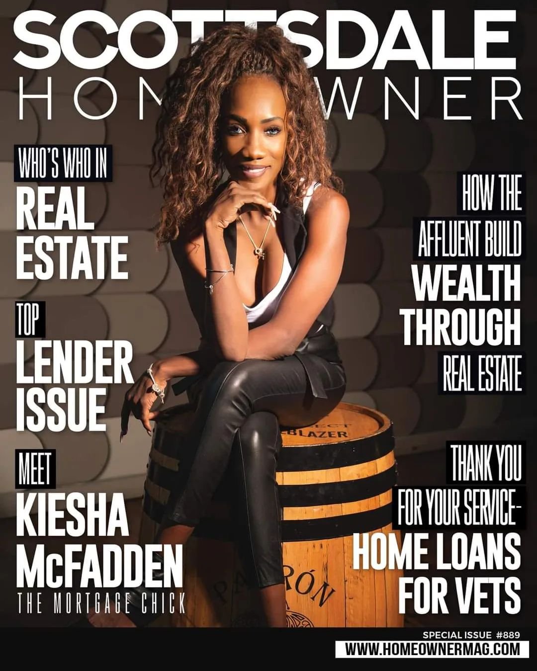 Magazine cover titled 'Scottsdale Homeowner' featuring a woman sitting on a barrel. Headlines include topics on real estate, wealth building through real estate, lender issues, and home loans for veterans. Special issue #889.