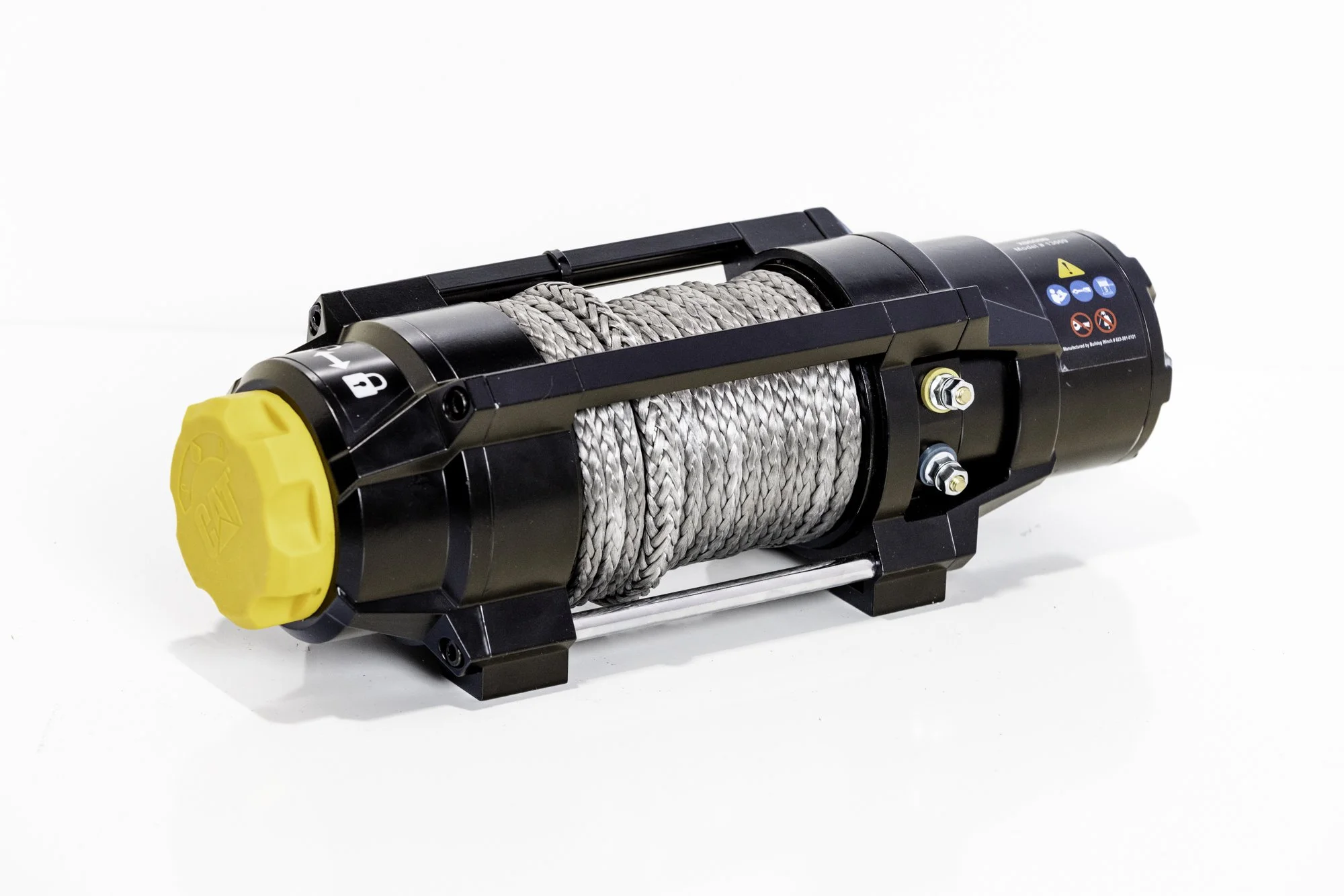 Electric winch with synthetic rope, black and yellow design, isolated on white background.