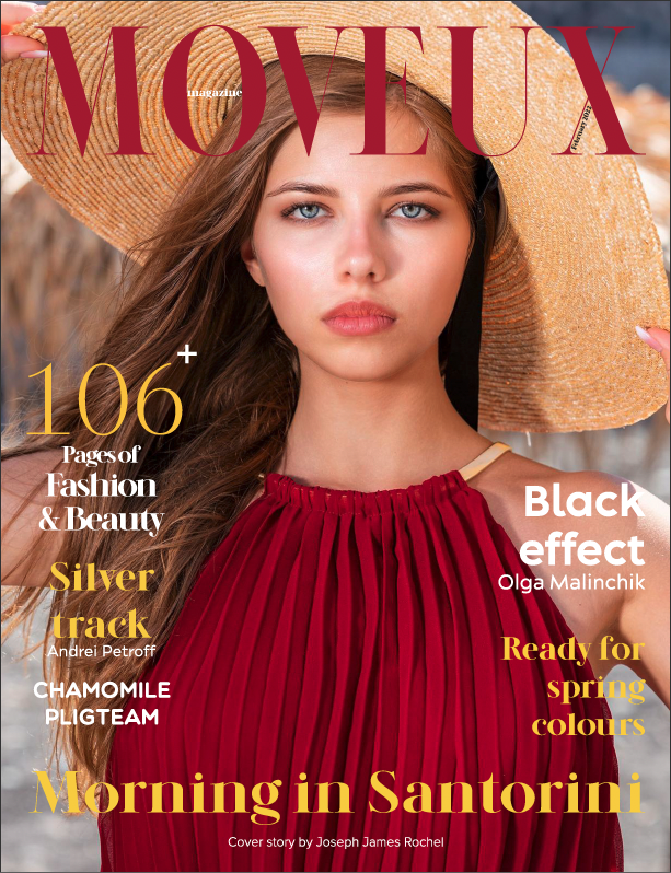 Magazine cover with a woman in a red dress and straw hat, with text about fashion and beauty.