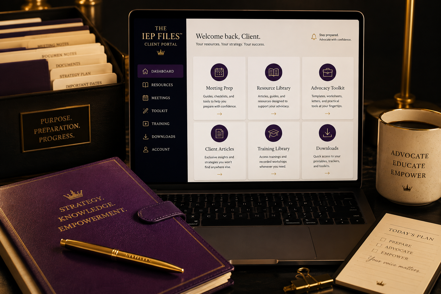 A laptop displaying the IEp Files client portal on its screen, surrounded by notebooks, a coffee mug with the words "Advocate Educate Empower", a purple planner with a gold pen, and a notepad with a daily plan. The workspace has a dark surface and a gold clip, with a sign that reads "Purpose. Preparation. Progress." and a file organizer with labeled folders.