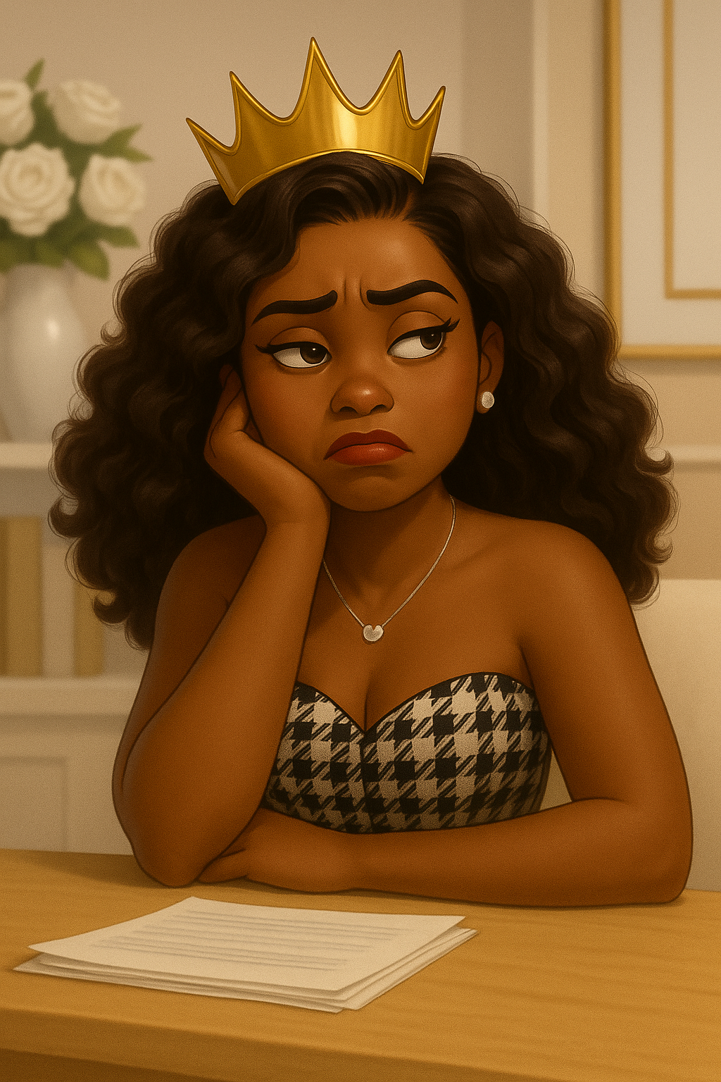 Animated woman with curly hair wearing a crown and a black and white houndstooth strapless top, sitting at a table with a stack of papers, resting her head on her hand, looking bored or unhappy, in a room with white flowers in the background.