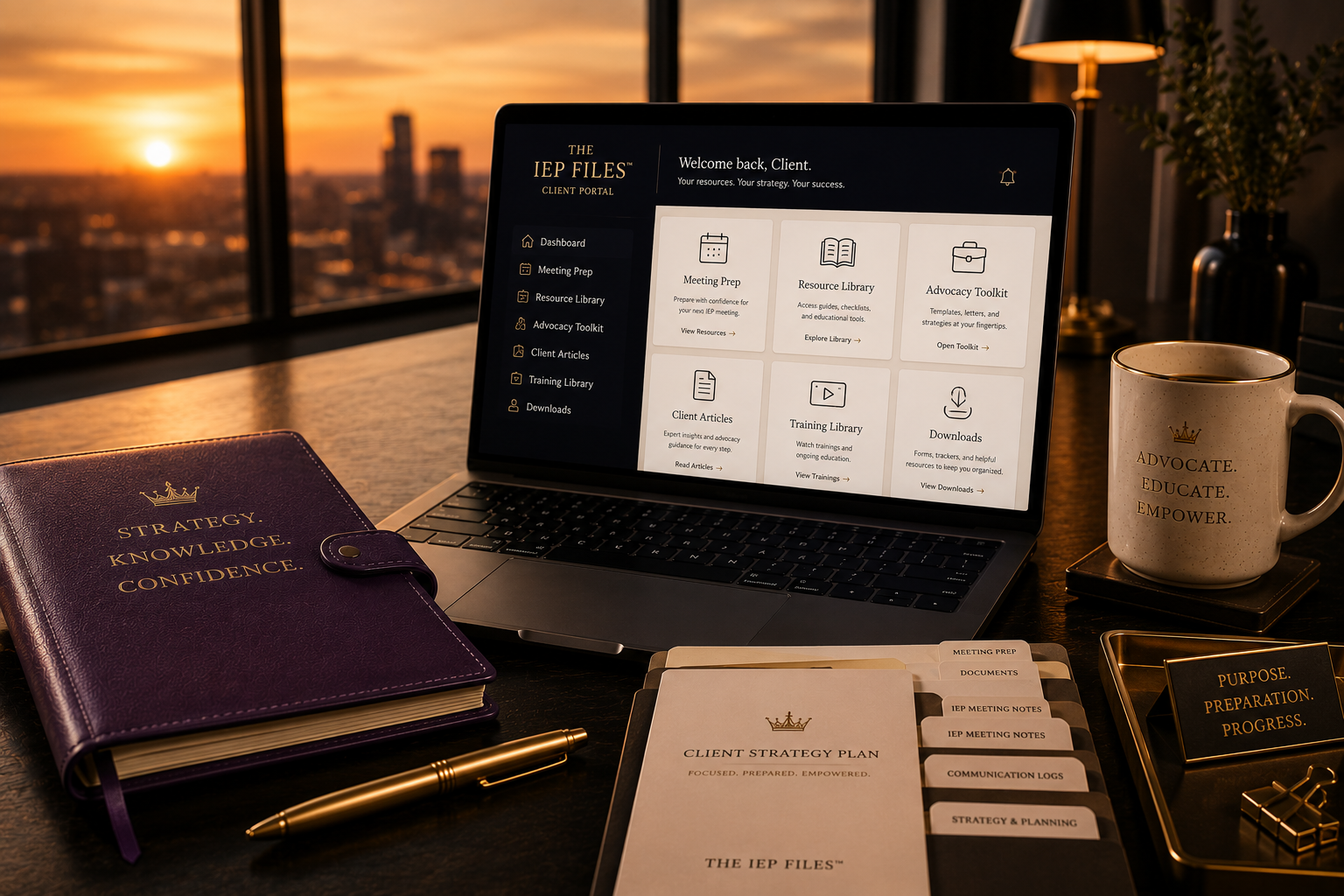 A laptop displaying an IEP files client portal, a purple client strategy planner, a gold pen, a coffee mug with 'Advocate. Educate. Empower.' written on it, a clipboard with client strategy documents, a gold and black desk plaque with motivational words, and office supplies on a wooden desk with a city skyline at sunset in the background.