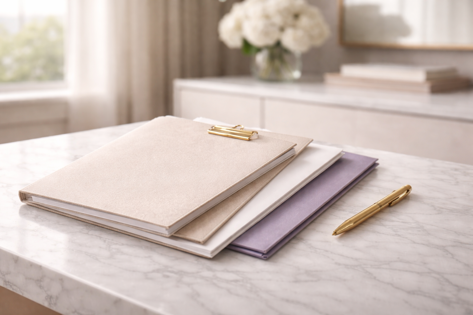 Stack of three notebooks in beige, white, and lavender, with a gold pen resting on white notebook, on a marble table with a gold paperclip on beige notebook in a bright room.