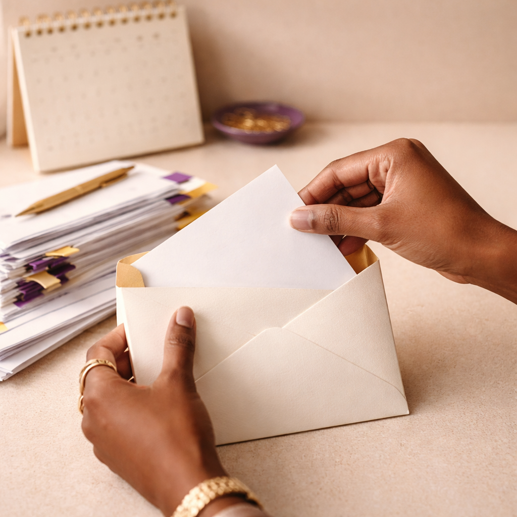 Person putting a letter into an envelope on a desk with stacked papers, a pen, and a calendar in the background.