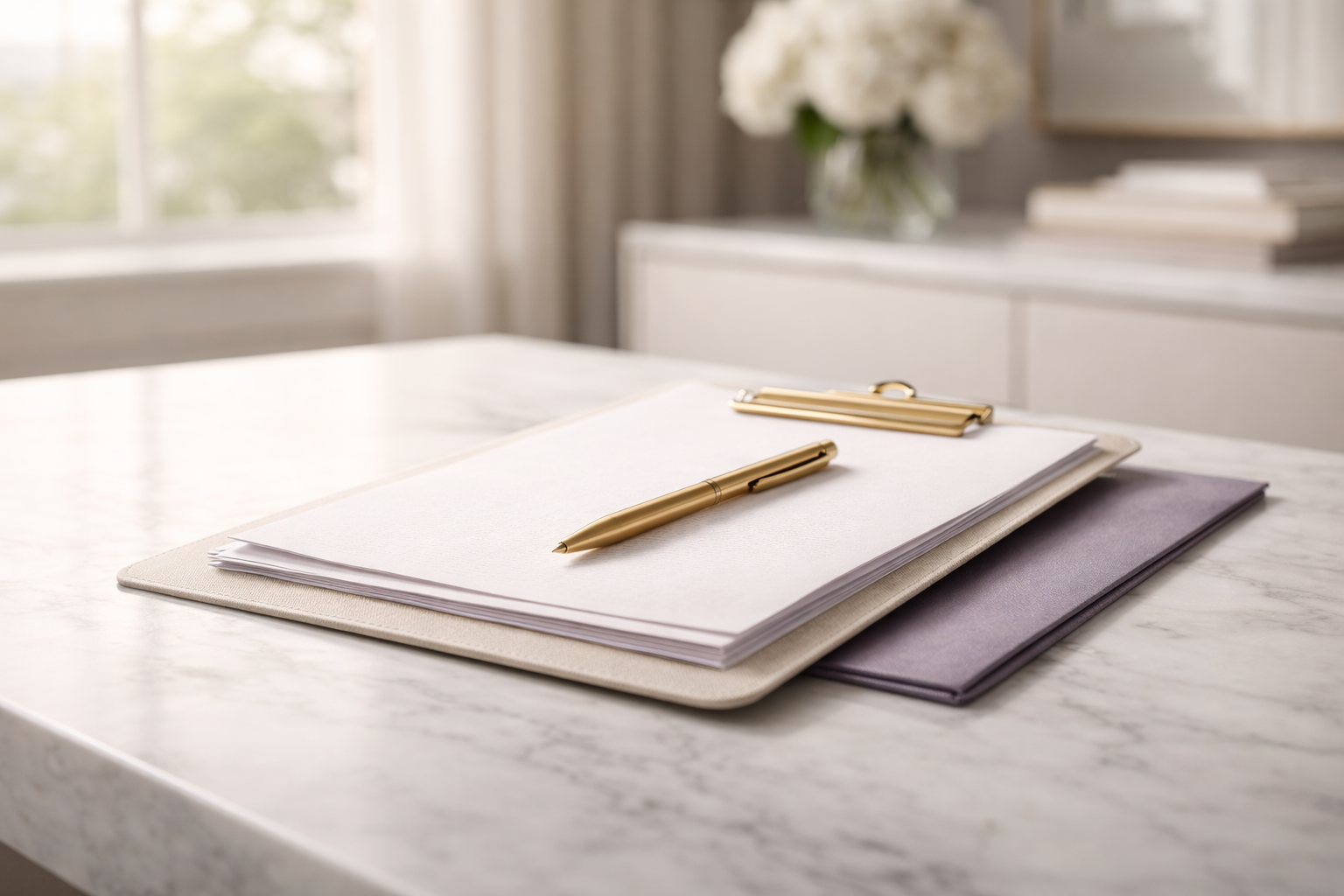 A marble desk with a stack of papers, a gold pen, and a gold paperclip in a bright room with a window and white flowers in a vase.