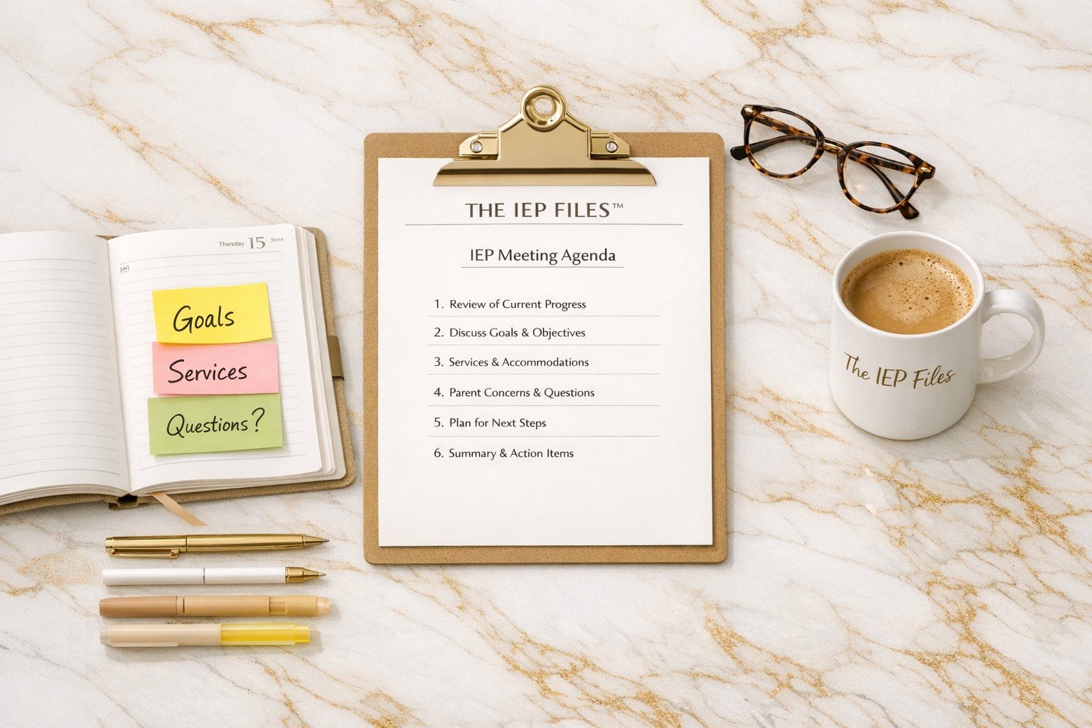 A flat lay of a workspace on a marble surface with a clipboard, a mug of coffee labeled 'The IEP Files,' eyeglasses, an open notebook with sticky notes saying 'Goals,' 'Services,' and 'Questions?', and four pens.