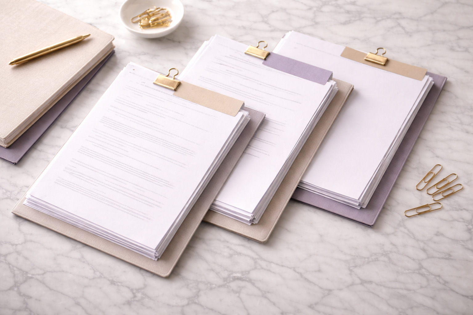Three clipboards with stacks of papers on a marble desk, with pens, paper clips, and a small dish of gold paper clips.