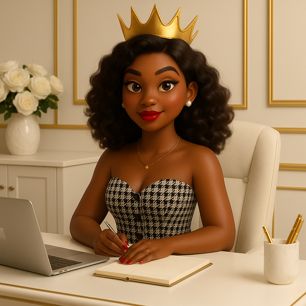 Illustration of a young woman with dark skin, curly hair, red lipstick, and a gold crown, sitting at a desk with a laptop, notebook, and gold pens, in a classy, elegant office setting.