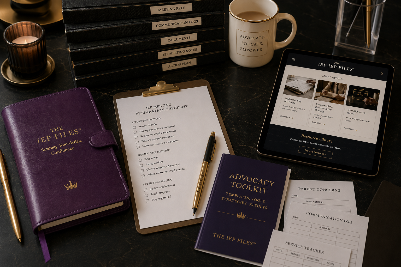 A workspace featuring a purple planner titled 'THE IEP FILES', a clipboard with a list titled 'IEP MEETING PREPARATION CHECKLIST', a gold and black pen, a purple booklet titled 'ADVOCACY TOOLKIT', printed documents with titles related to parent concerns, communication logs, and service tracker, a tablet displaying a website titled 'THE IEP FILES' with client articles and a resource library, a coffee mug with the words 'ADVOCATE. EDUCATE. EMPOWER.', a candle holder, a stack of black binders labeled with international abbreviations for meeting notes, documentation, and action plans, a gold pen in a clear container, and a candle on a dark surface.