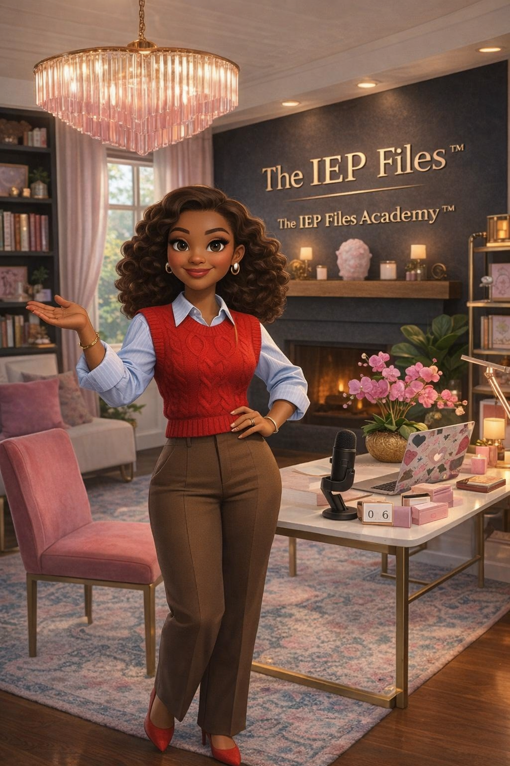 Animated woman with curly hair standing in a cozy, well-decorated living room, gesturing with her right hand. Behind her, a sign reads 'The IEP Files.' There is a pink velvet chair, a white desk with a microphone, laptop, pink gift boxes, a pink flower arrangement, and a fireplace with candles and decorative items on the mantle.