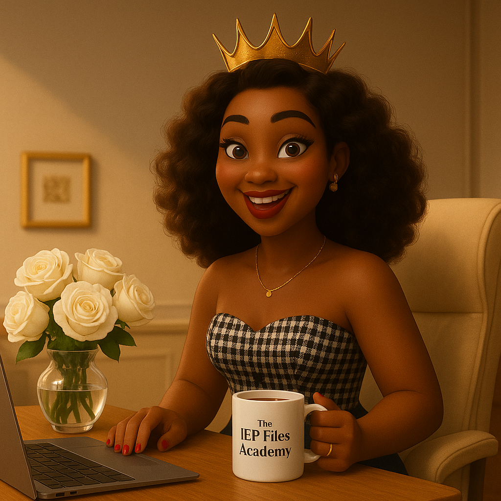 Animated woman with curly hair wearing a crown and a checkered strapless top, sitting at a desk with a laptop, holding a coffee mug labeled 'The IEP Files Academy', with a bouquet of white roses nearby.
