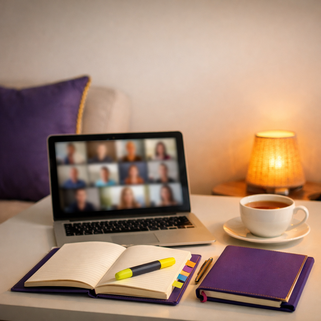 A workspace with a laptop showing a video conference with multiple people, an open notebook with a highlighter, a closed purple notebook, and a cup of tea on a white table. There is a purple pillow on a sofa and a lit table lamp in the background.