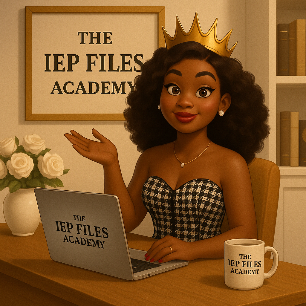 Animated woman with dark curly hair, wearing a crown and a strapless houndstooth dress, sitting at a desk with a laptop, mug, and a vase of white roses, in front of a sign that reads 'The IEP Files Academy'.