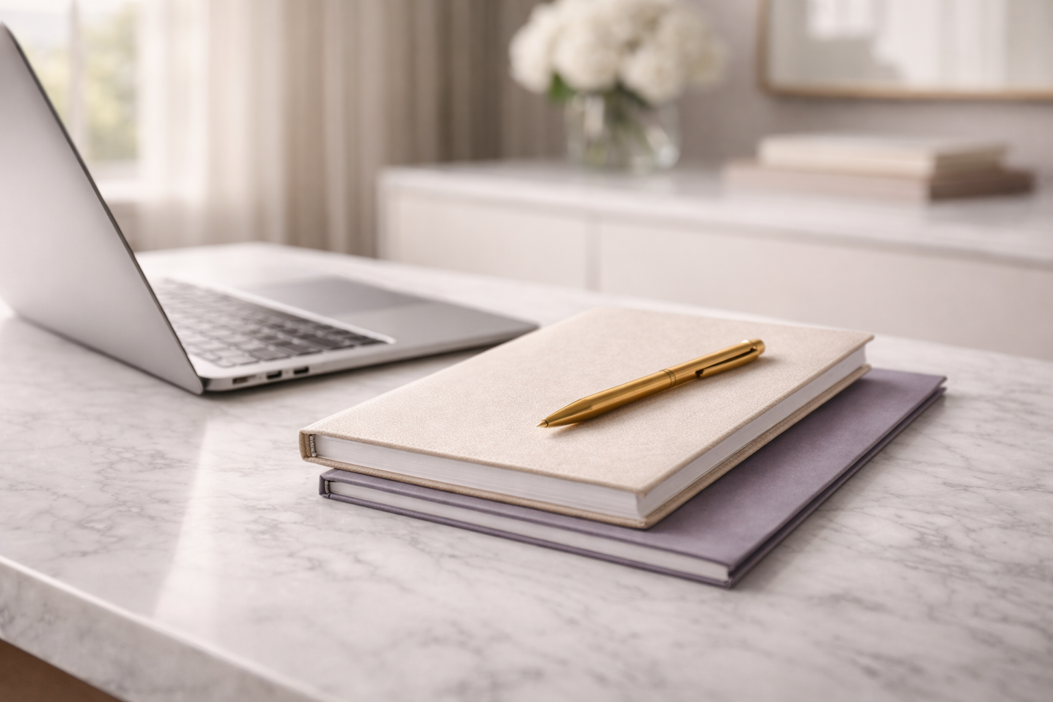 Open laptop, two closed notebooks stacked with a gold pen on top, on a white marble desk.