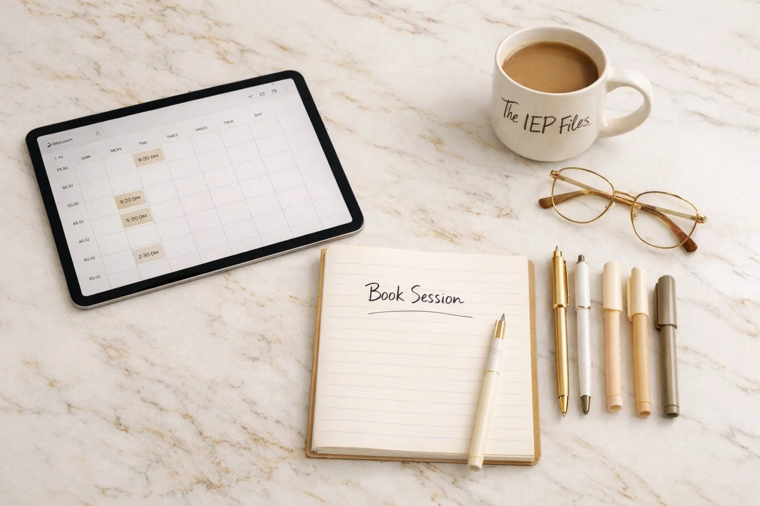 A marble desk with a tablet displaying a schedule, a notebook labeled 'Book Session' with a pen, several markers, a pair of glasses, a coffee mug labeled 'The IEP Files', and three pens.