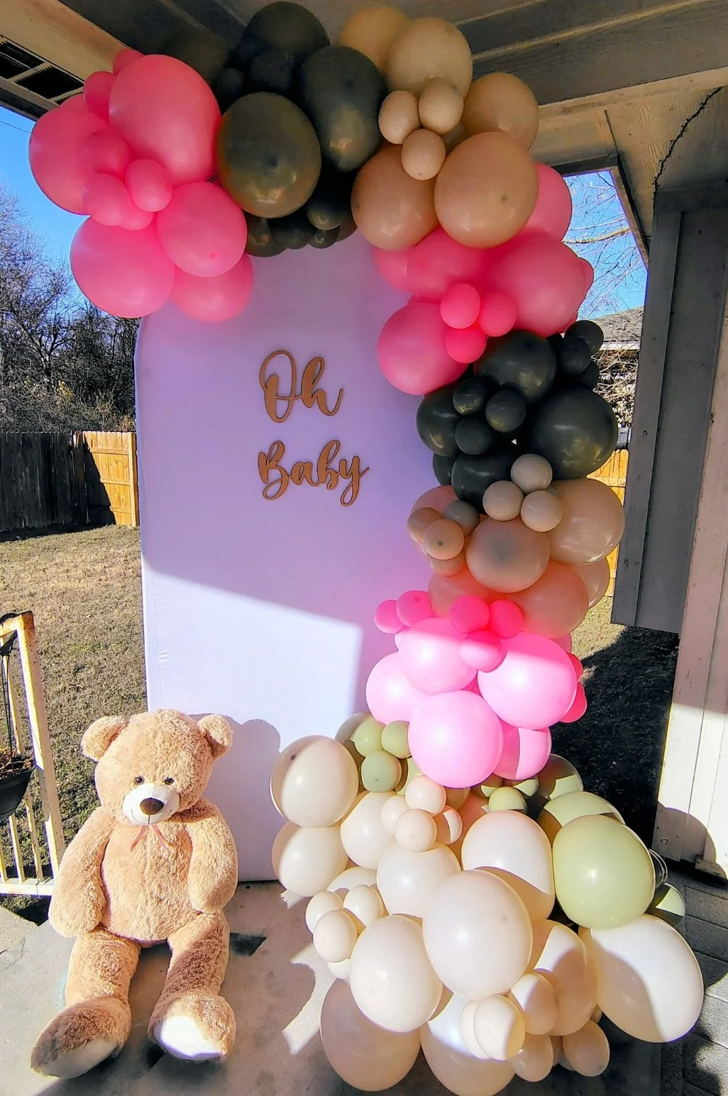 Baby shower theme balloon garland with covered 6 foot Chiara stand
