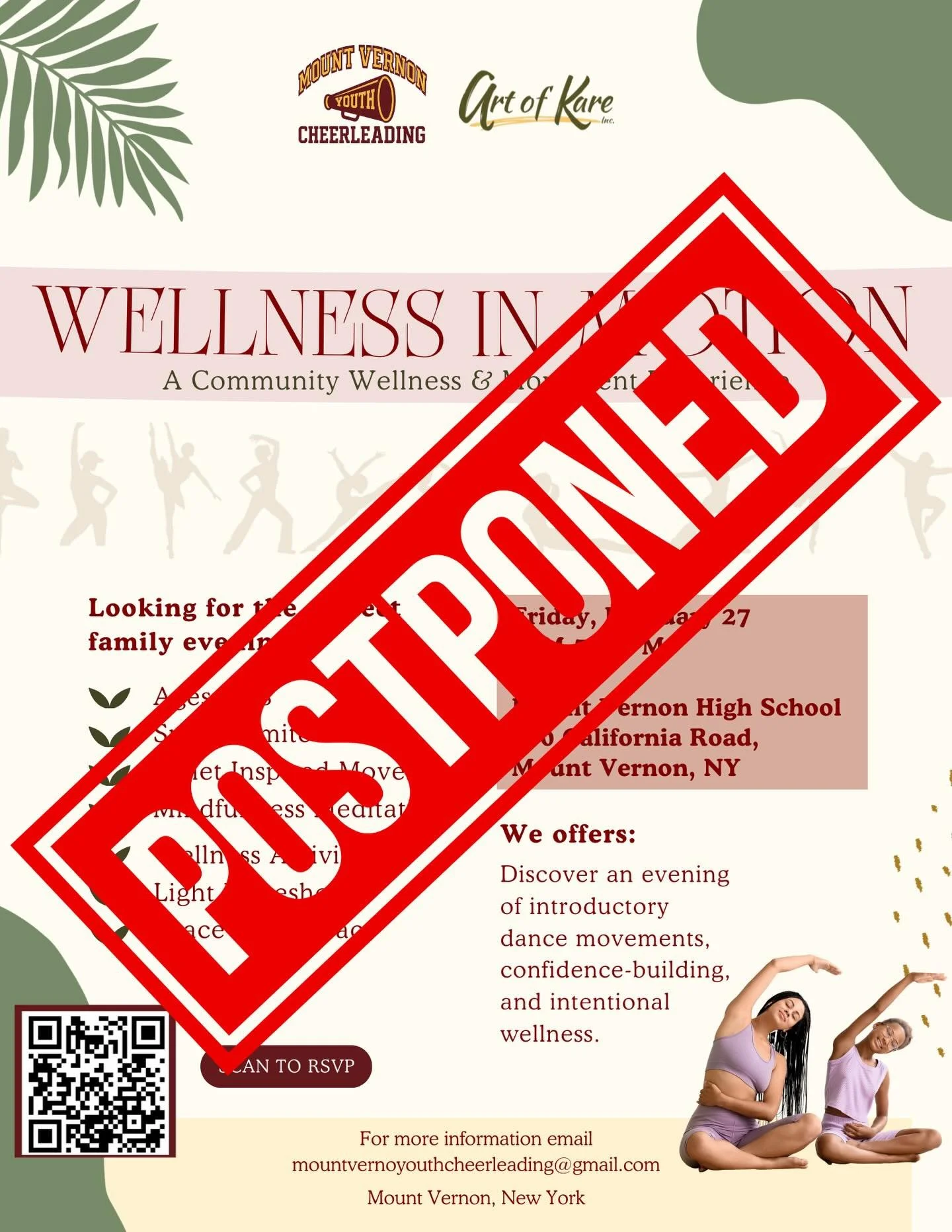 Due to inclement weather. We are postponing. Stay tune.